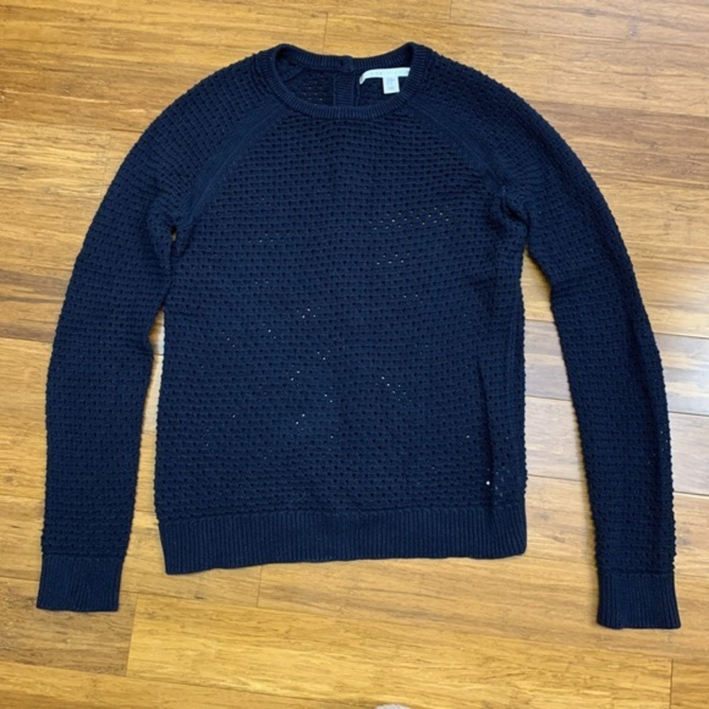 MAX STUDIO Sweater Womens Medium Navy Blue Button Back Open Knit Pullover Cotton